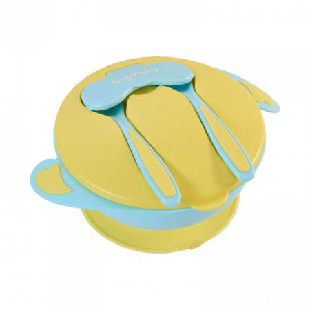 Accesorii hranire - Bol compartimentat cu ventuza antialunecare si capac cu lingurita si furculita, blue, U-Grow