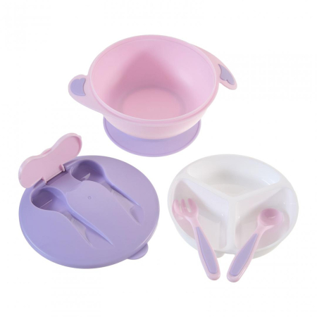 Bol compartimentat cu ventuza antialunecare si capac cu lingurita si furculita, mov, U-Grow [1]