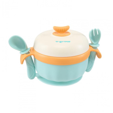 Accesorii hranire - Bol termic , lingurita si furculita , baza antialunecare, blue, U-Grow