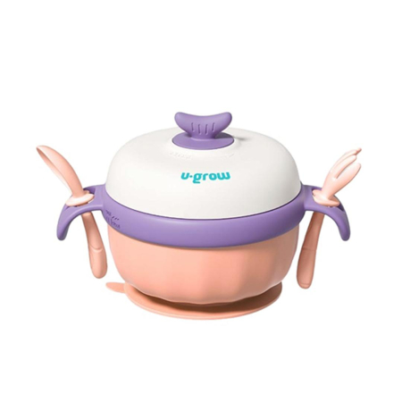 Accesorii hranire - Bol termic , lingurita si furculita , baza antialunecare, mov, U-Grow