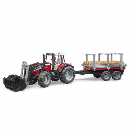 Bruder - Tractor Massey Ferguson 7480 Cu Incarcator Frontal Si Remorca Pentru Lemne [3]