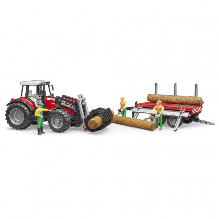Bruder - Tractor Massey Ferguson 7480 Cu Incarcator Frontal Si Remorca Pentru Lemne [0]