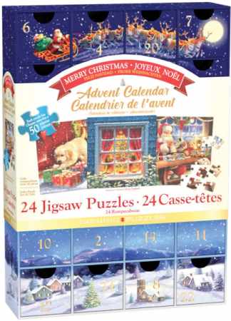 Jucarii Educative - Calendar de Advent Craciun Fericit, 24 puzzle-uri, 50 piese