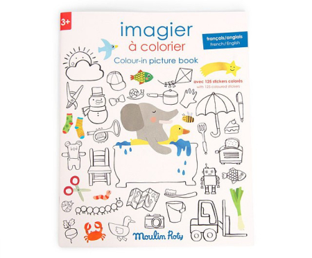 3-5 ani - Carte de desen cu abtibilduri Engleza-Franceza, Moulin Roty