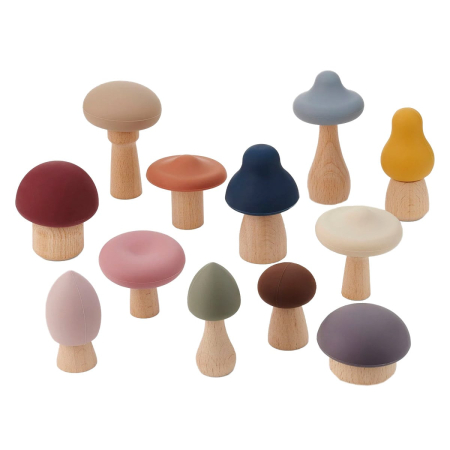 Jucarii Educative - Ciupercute de padure din lemn si silicon, set 12 piese, SiliSoft