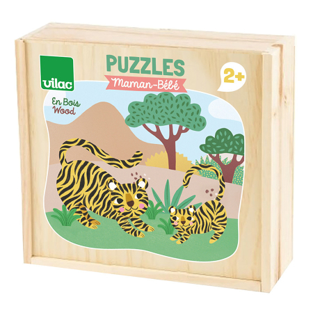 Puzzle - Cutie 12 Puzzle din lemn cu animale - Mama si Puiul - Vilac