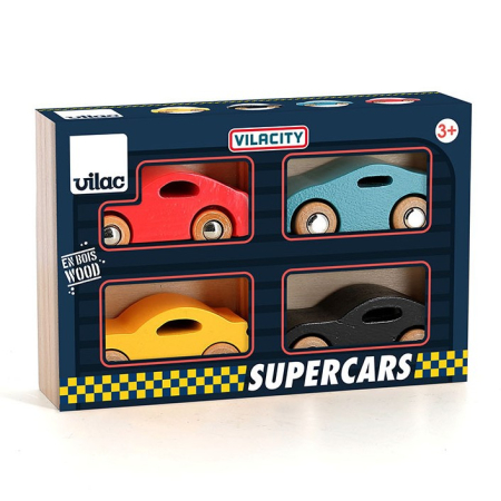 Jucarii de rol - Cutie cu 4 masinute de cursa din lemn - Vilac