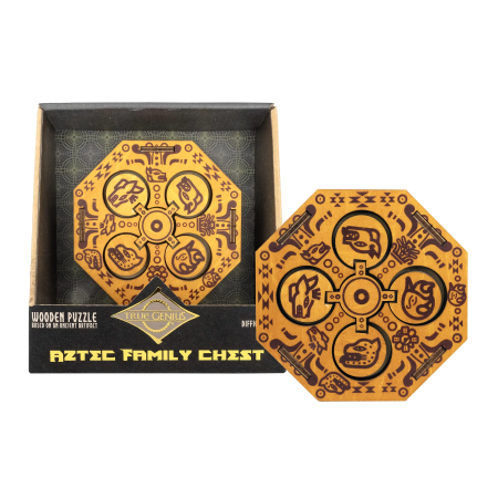 Jocuri de Logica - Cutie puzzle IQ din lemn cu compartiment secret - Aztec Family Chest