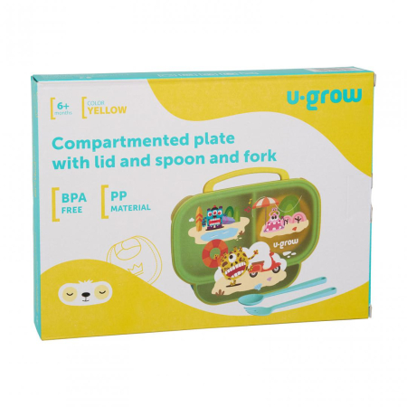 Farfurie compartimentata cu capac si lingurita si furculita, galbena, U-Grow [5]