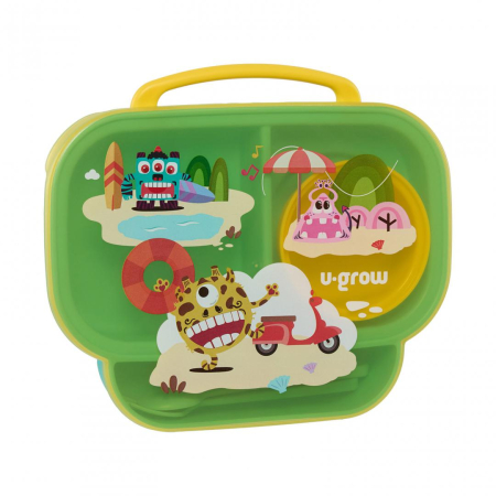 Accesorii hranire - Farfurie compartimentata cu capac si lingurita si furculita, galbena, U-Grow