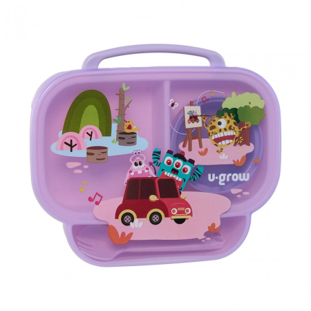 Accesorii hranire - Farfurie compartimentata cu capac si lingurita si furculita, mov, U-Grow