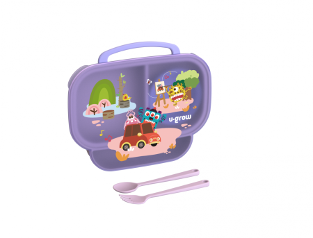 Farfurie compartimentata cu capac si lingurita si furculita, mov, U-Grow [1]
