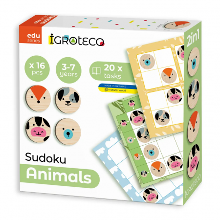 Jocuri educative - Joc de logica din lemn „Sudoku Animale” 16 piese