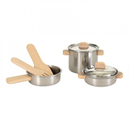 Bucatarii - Joc de rol Set de vase de inox cu manere din lemn, Egmont Toys