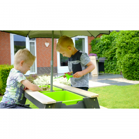 Masă Aksent 3-în-1 cu 2 bănci, umbrelă și unelte de grădinărit – nisip, apă și picnic, Exit Toys [13]