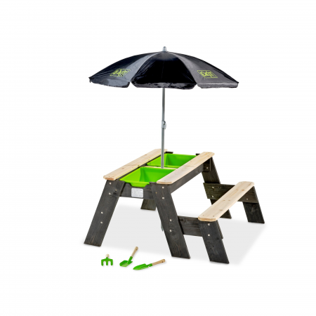 Apa si Nisip - Masă Aksent 3-în-1 cu bancă, umbrelă și unelte de grădinărit – nisip, apă și picnic, Exit Toys