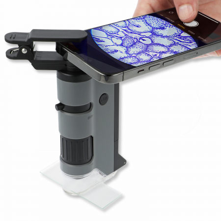 Cadouri Fete - Microscop portabil cu LED si UV, cu adaptor de smartphone, marire 100-250x, MicroFlip