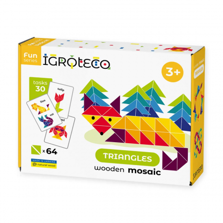 Jucării Montessori - Mozaic triunghiuri din lemn 64 piese
