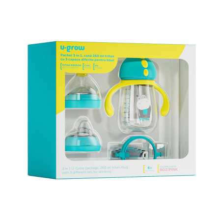 Accesorii hranire - Pachet 3 in 1 cana 260 ml tritan cu 3 accesorii diferite pentru baut : tetina biberon, cioc , pai, blue, U-Grow