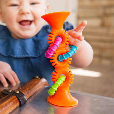 pipSquigz Loops - Jucarie senzoriala cu ventuza si inele zornaitoare pentru bebelusi, portocaliu [4]