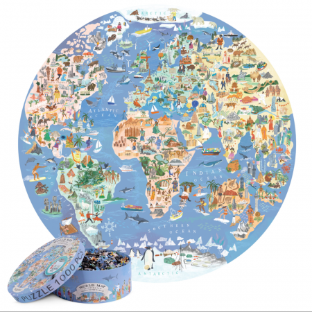 Jocuri educative - Puzzle rotund -  Harta Ilustrata a Lumii, 1000 de piese, Boppi