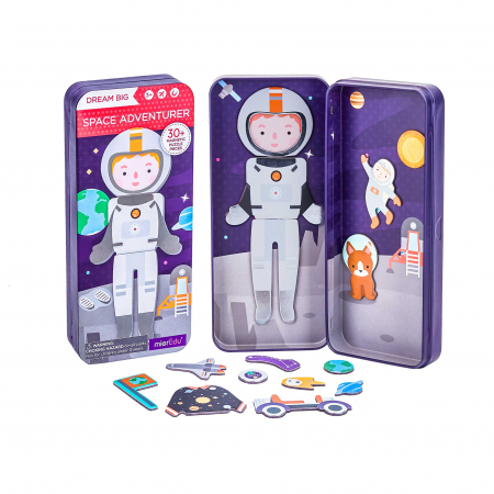 Jocuri educative - Puzzle magnetic in cutie metalica, joc de potrivire si asociere - Aventurierii Spatiului