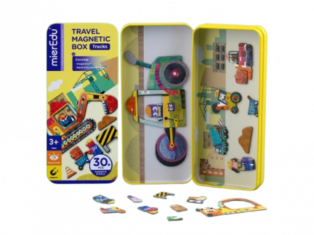 Jocuri educative - Puzzle magnetic in cutie metalica, joc de potrivire si asociere - Camioane