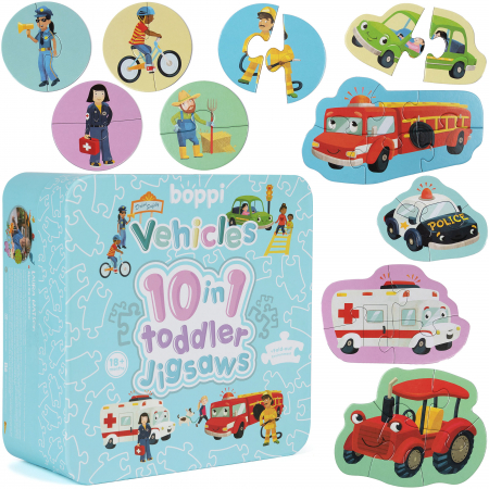 Cadouri Baieti - Puzzle progresiv Toddler 10 in 1, Boppi - Vehicule