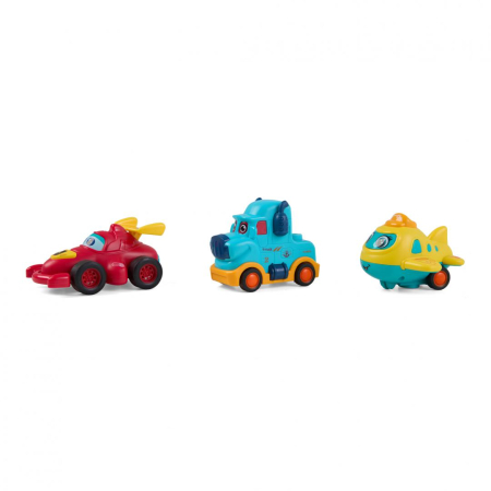 SET 3 VEHICULE ACTIONATE PRIN INERTIE- CAMION ALBASTRU, MASINA DE CURSE ROSIE, AVION GALBEN,MOMKI [1]