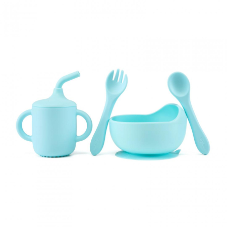 Set 4 piese diversificare din silicon: Cana cu pai, bol , lingurita si furculita, blue, U-Grow [1]