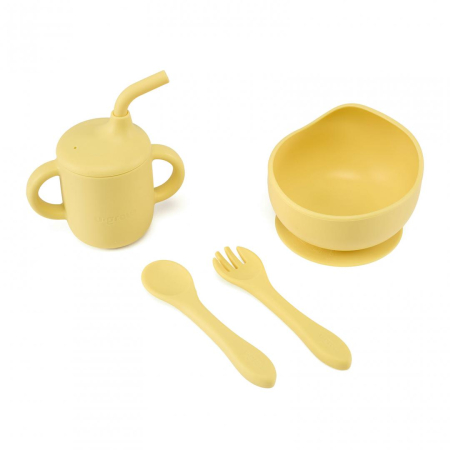 Accesorii hranire - Set 4 piese diversificare din silicon: Cana cu pai, bol , lingurita si furculita, galben, U-Grow