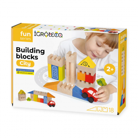 Jocuri educative - Set blocuri de construcție din lemn -  Oraș, 18 piese