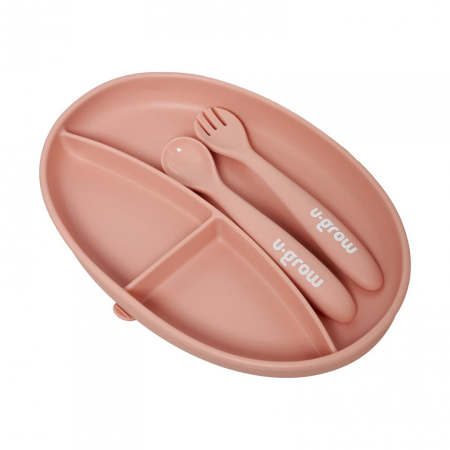 Set farfurie cu lingurita si furculita silicon, roz , U-Grow [1]