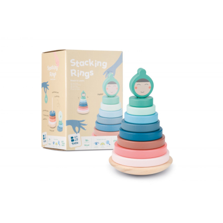 Jucarii de Indemanare - Turn de stivuire cu inele din lemn, BS Toys