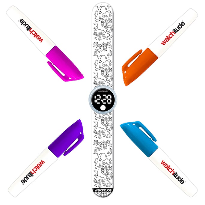 Ceas digital pentru copii model unicorni, cu bratara recolorabila, din silicon slap-on