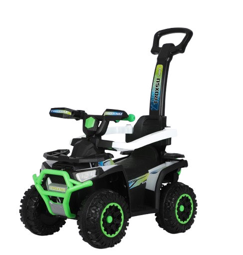 ATV electric cu maner 3 in 1, Kinderauto Warrior, pentru copii 1-3 ani, 30W 6V, roti moi, scaun tapitat, parasolar, echipare Premium, verde