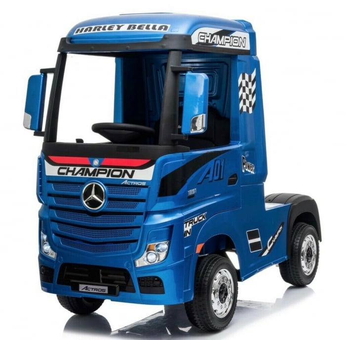 Camion electric pentru copii 2-7 ani Mercedes ACTROS, 4x4, 180W, 12V, roti moi, scaun tapitat, PREMIUM Albastru