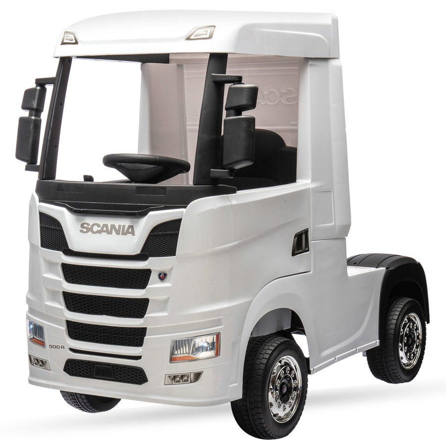 Camion electric pentru copii, SCANIA R-SERIES, 4x4, 180W, 12V 14Ah, echipare PREMIUM, alb