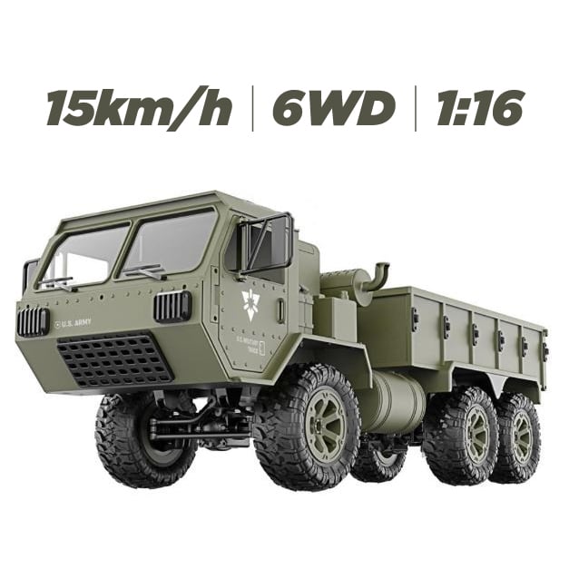 Camion militar de jucarie cu telecomanda P801, US ARMY, scara 1:16, tractiune 6×6, 15km h, 2.4GHz, verde 1:16