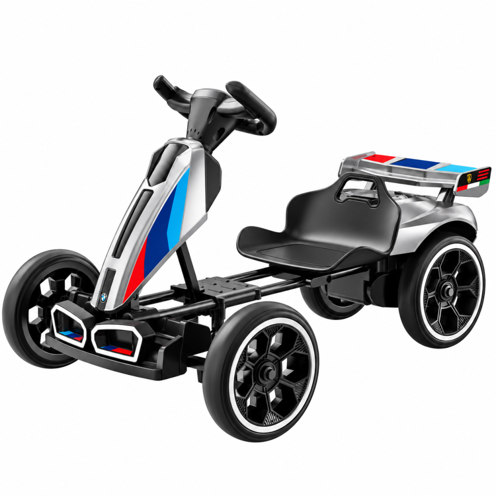 Go-Kart electric recomandat pentru copii 3-7 ani, 70W 12V 4.5Ah, cu roti moi si telecomanda, gri
