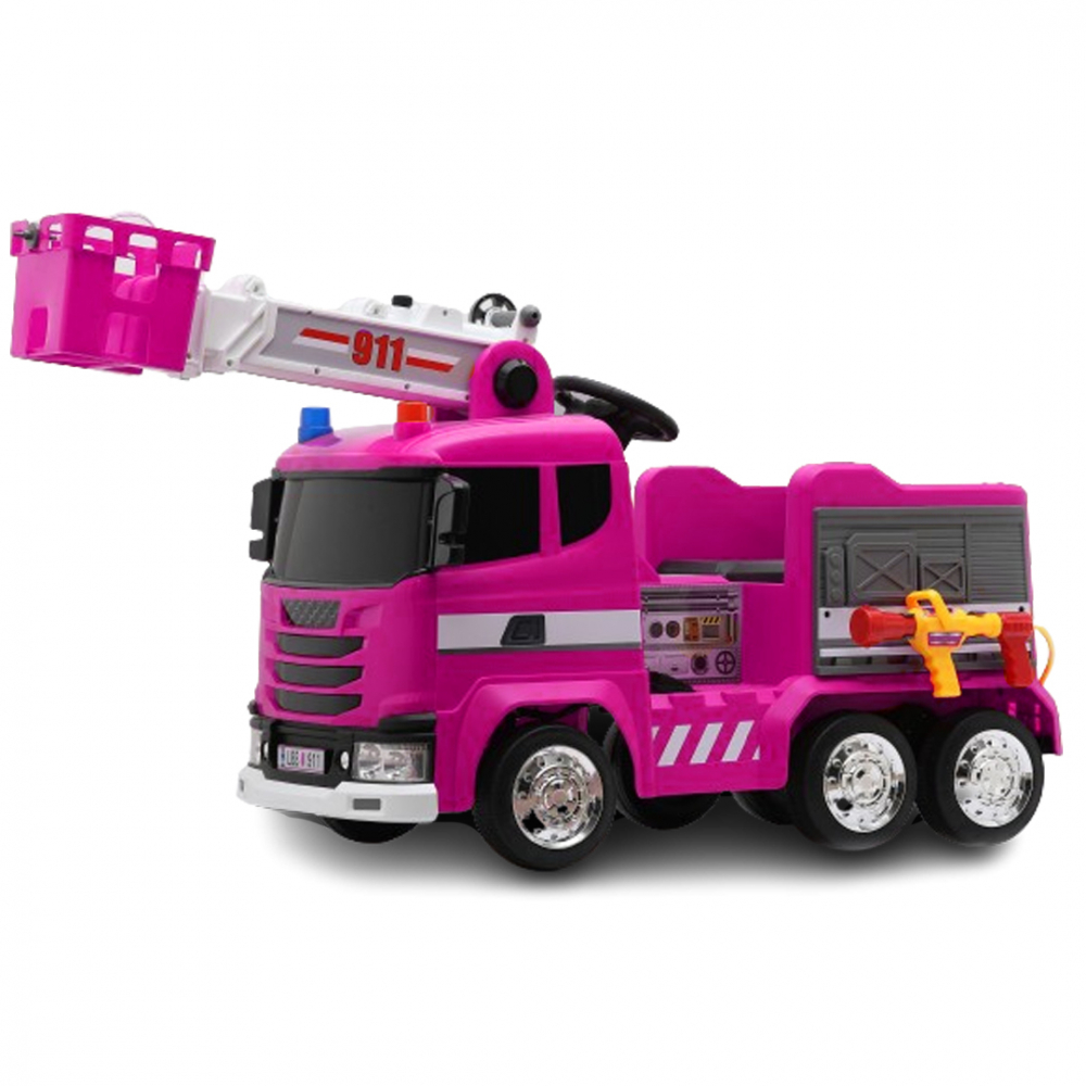 Masinuta electrica de pompieri pentru copii 2-7 ani, Kinderauto B911, 140W, 12V-10Ah, accesorii incluse, bluetooth, roz