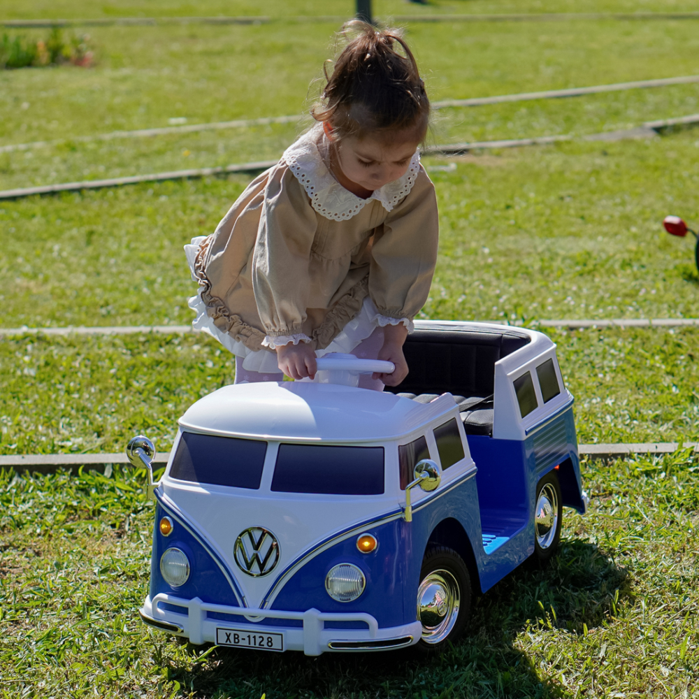 Masinuta electrica pentru copii, VW Samba Bus 70W, baterie 12V 7Ah, roti moi, scaun tapitat, culoare albastra [3]
