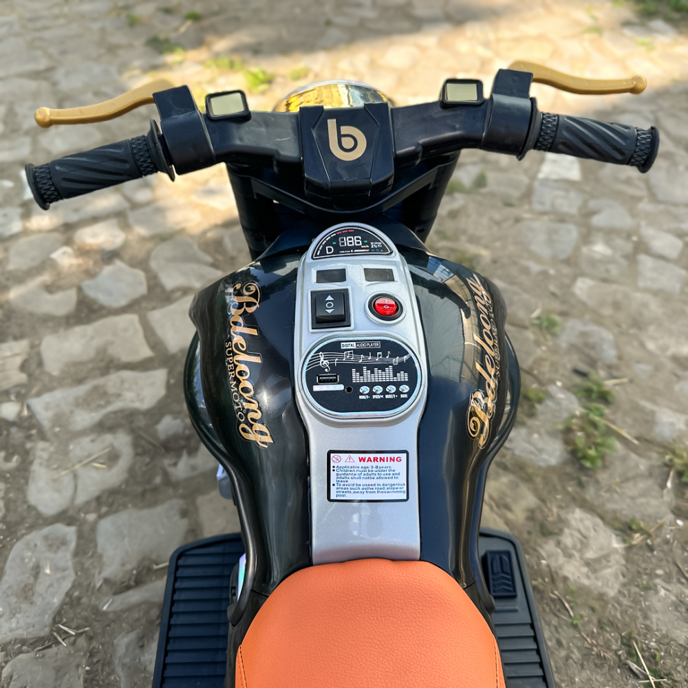 Motocicleta cu 3 roti electrica pentru copii, SuperMoto, 70W, 12V, cu scaun tapitat, bluetooth, neagra [15]