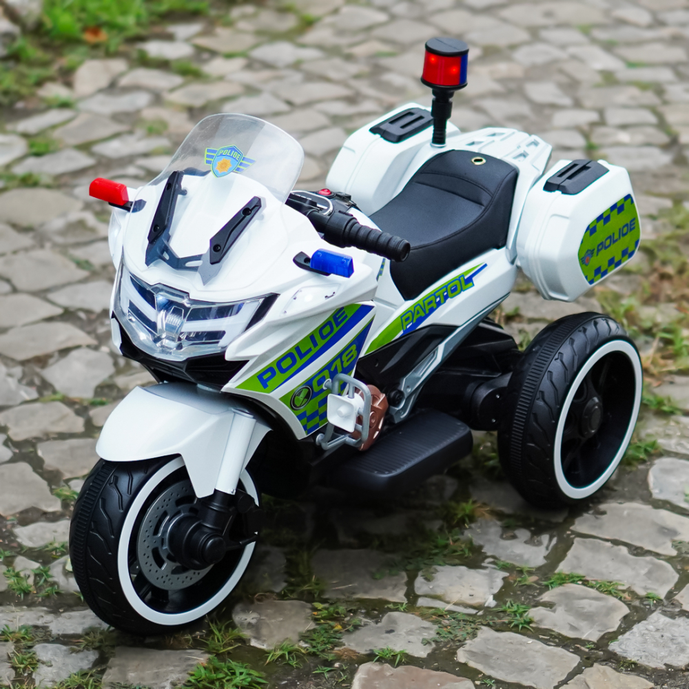 Motocicleta cu 3 roti, Kinderauto POLICE BJML5188 60W, 6V cu scaun tapitat, culoare alba [10]