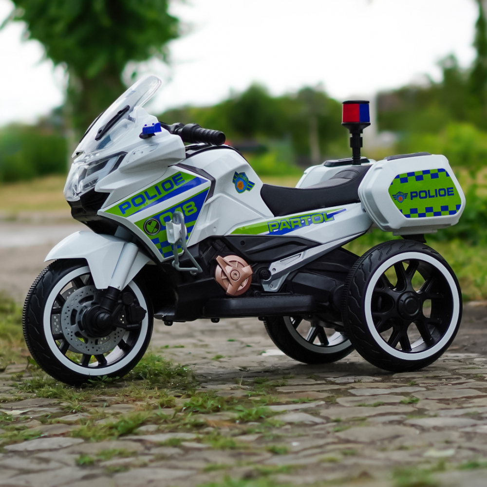 Motocicleta cu 3 roti, Kinderauto POLICE BJML5188 60W, 6V cu scaun tapitat, culoare alba [5]