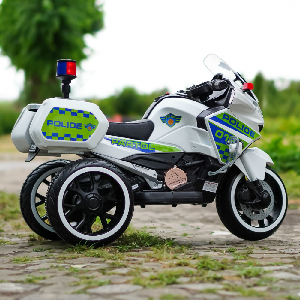 Motocicleta cu 3 roti, Kinderauto POLICE BJML5188 60W, 6V cu scaun tapitat, culoare alba [8]