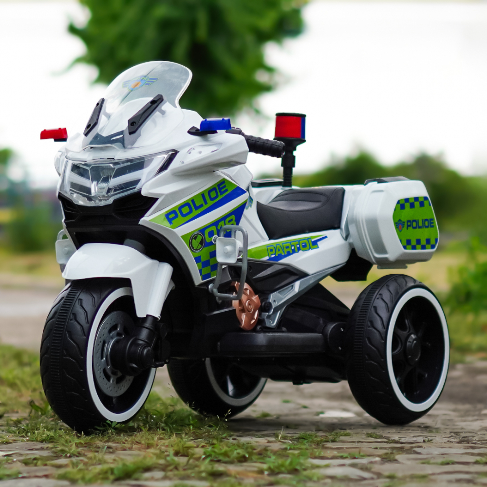 Motocicleta cu 3 roti, Kinderauto POLICE BJML5188 60W, 6V cu scaun tapitat, culoare alba [4]