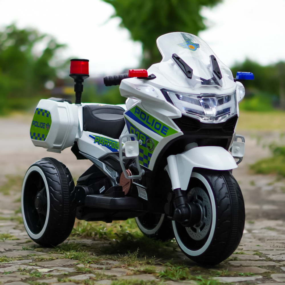 Motocicleta cu 3 roti, Kinderauto POLICE BJML5188 60W, 6V cu scaun tapitat, culoare alba [2]