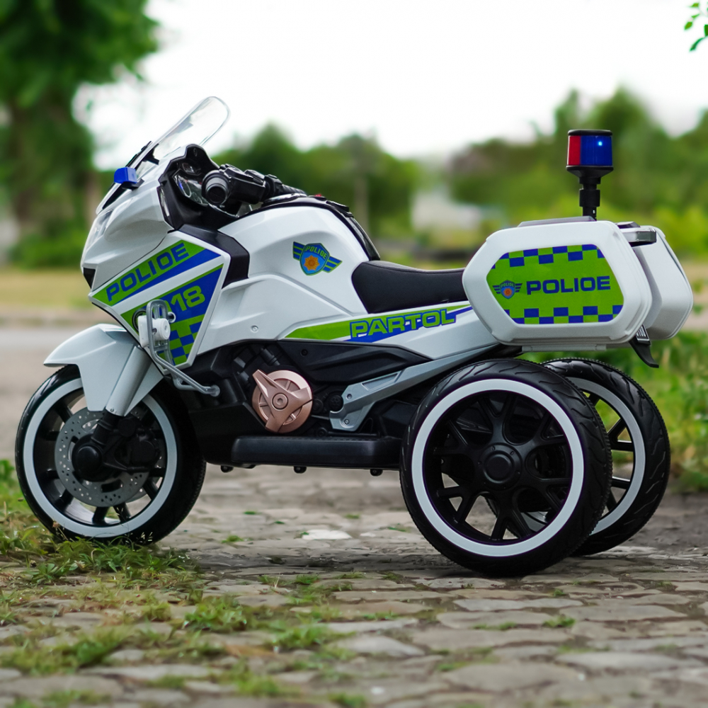 Motocicleta cu 3 roti, Kinderauto POLICE BJML5188 60W, 6V cu scaun tapitat, culoare alba [6]