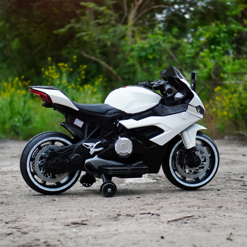 Motocicleta electrica copii, Kinderauto B919, bluetooth, putere 90W, baterie 12V 12Ah, alba [7]